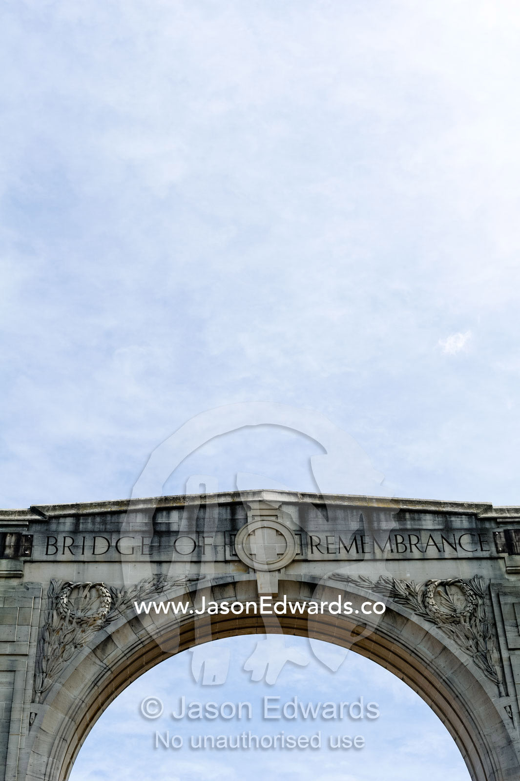 Inscriptions on the arch of the Bridge of Remembrance in Christchurch. Christchurch, South Island, New Zealand