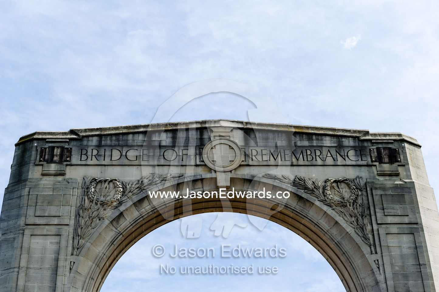 Inscriptions on the arch of the Bridge of Remembrance in Christchurch. Christchurch, South Island, New Zealand