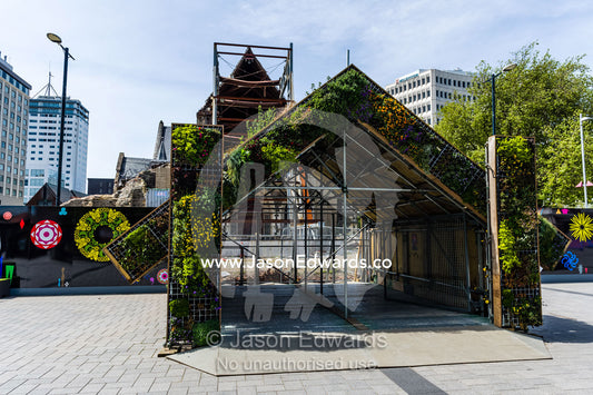 Vertical gardens encase a public viewing area for a Anglican church after it was damaged in an earthquake. Christchurch, South Island, New Zealand.