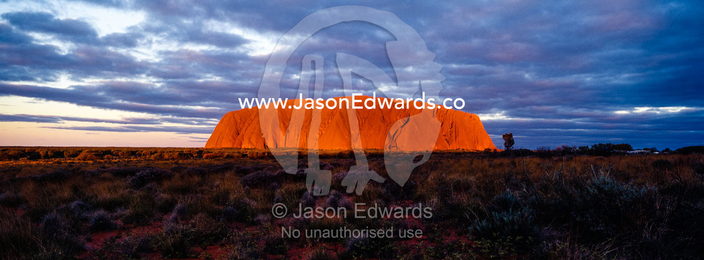The last sunrays of sunset touch the sandstone massive of Uluru on the desert plain. Uluru Kata Tjuta National Park, Northern Territory, Australia.