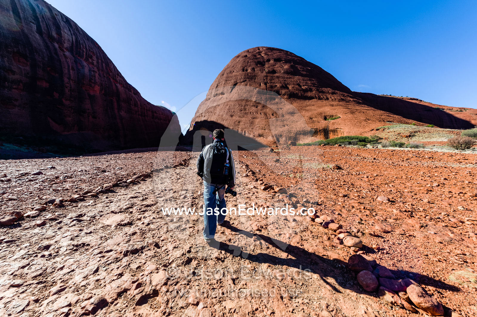 A hiker explores the sandstone domes of Kata Tjuta in the Australian outback. Uluru Kata Tjuta National Park, Northern Territory, Australia.