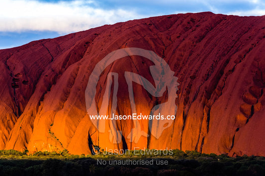 Sunset light in the folds and fissures of the blood red sandstone of Uluru on the desert plain. Uluru Kata Tjuta National Park, Northern Territory, Australia.