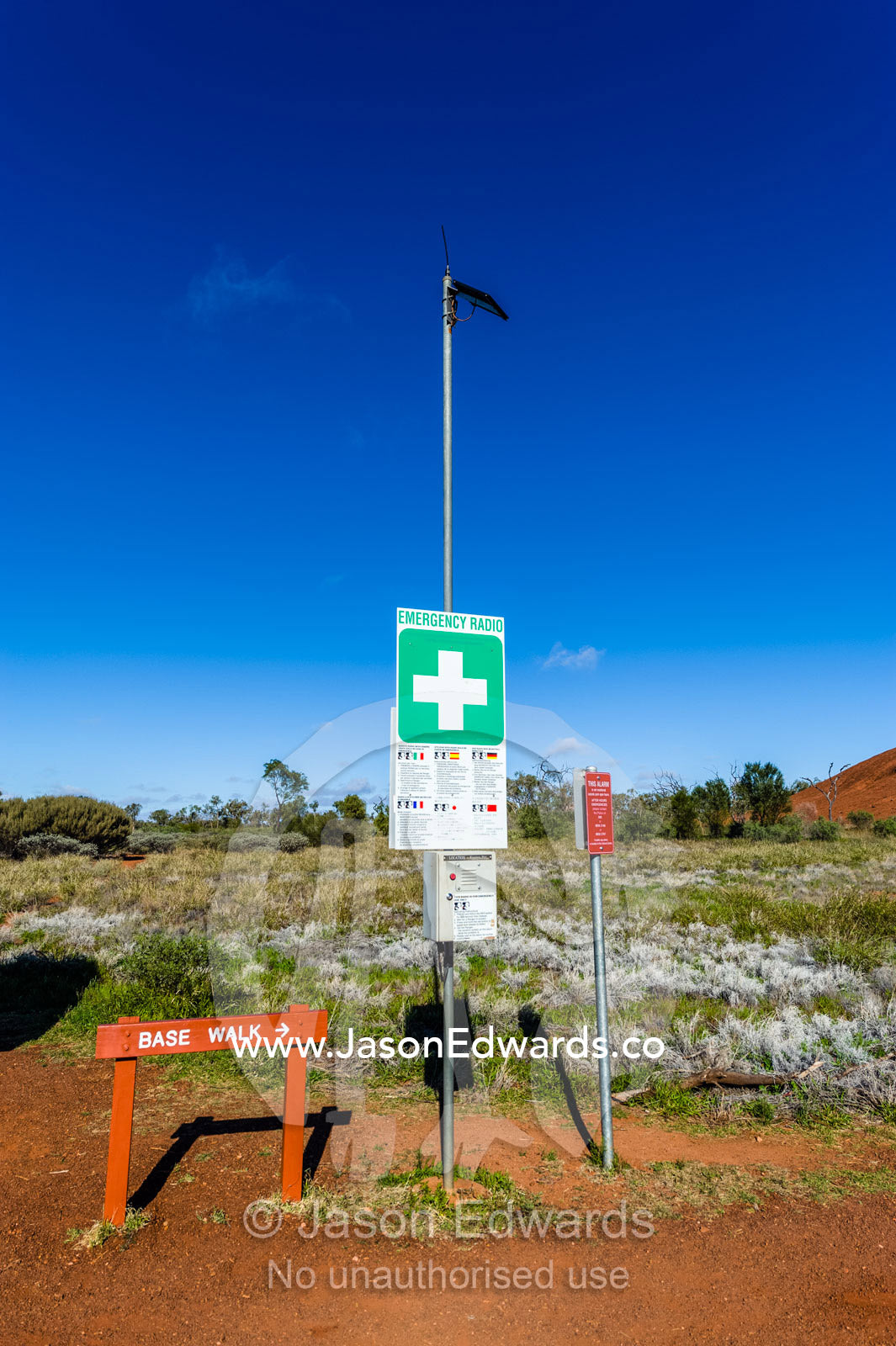A first aid and emergency station on a desert hiking trail in outback Australia. Uluru Kata Tjuta National Park, Northern Territory, Australia.