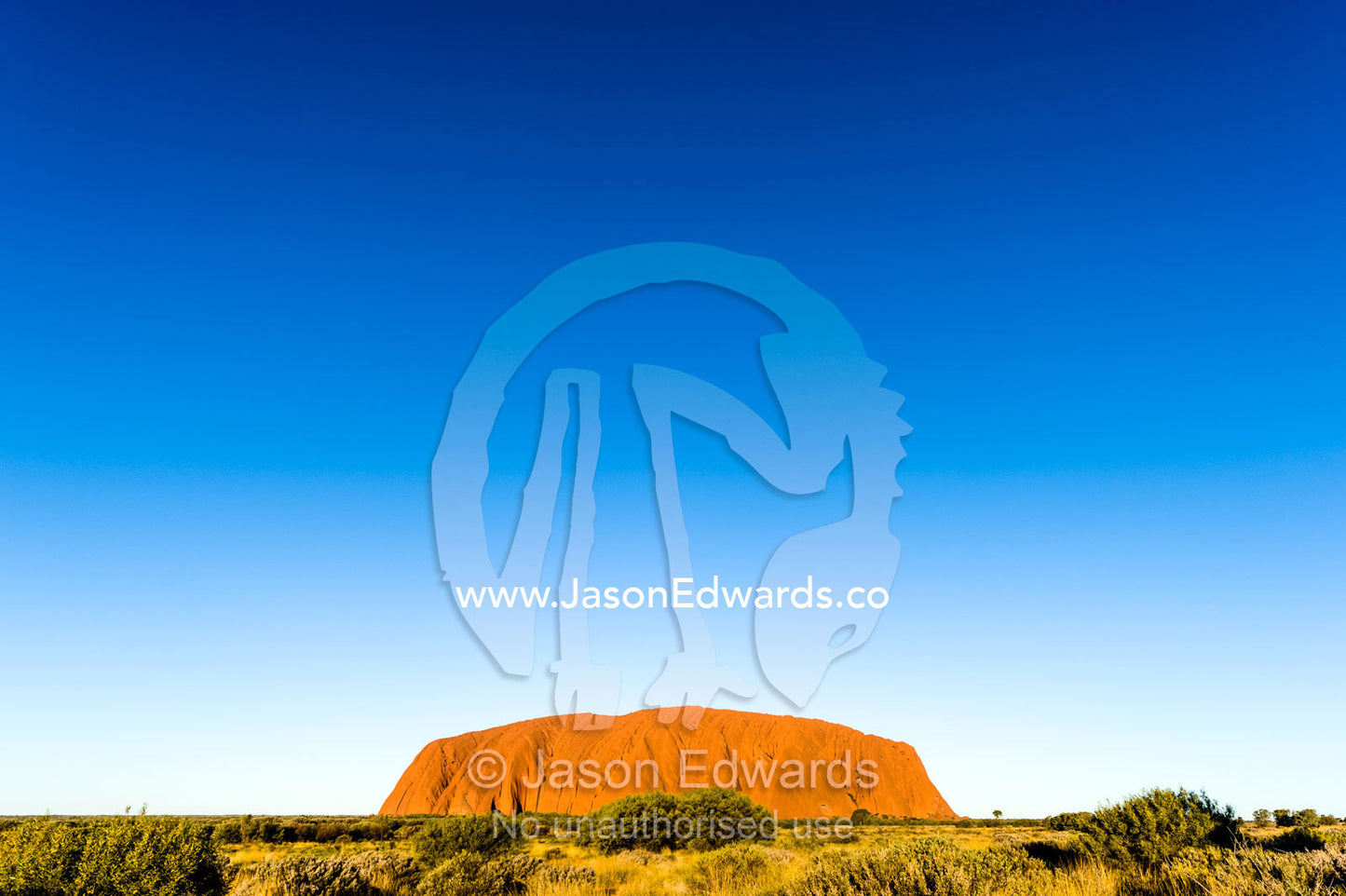 An enormous clear blue sky rises above the desert plain and Uluru. Uluru Kata Tjuta National Park, Northern Territory, Australia.