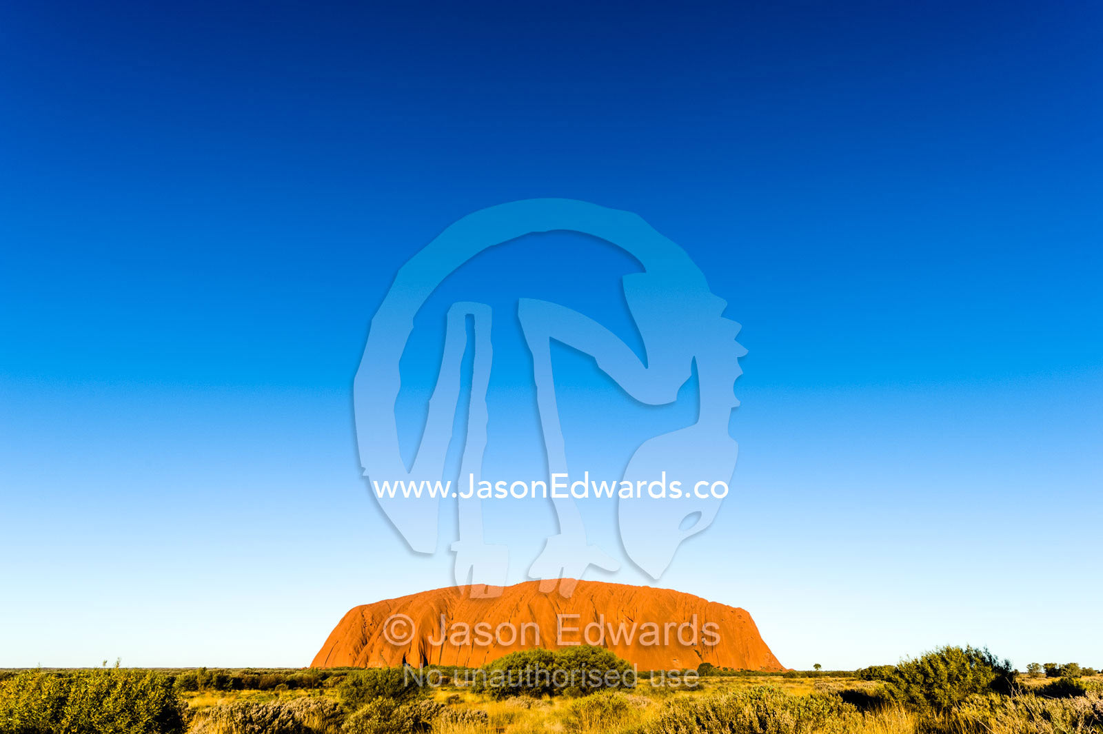 An enormous clear blue sky rises above the desert plain and Uluru. Uluru Kata Tjuta National Park, Northern Territory, Australia.