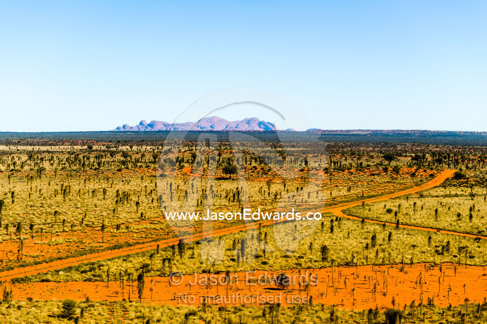 Desert tracks pass Kata Tjuta rising from a vast desert plain in Australia's Outback. Uluru Kata Tjuta National Park, Northern Territory, Australia.