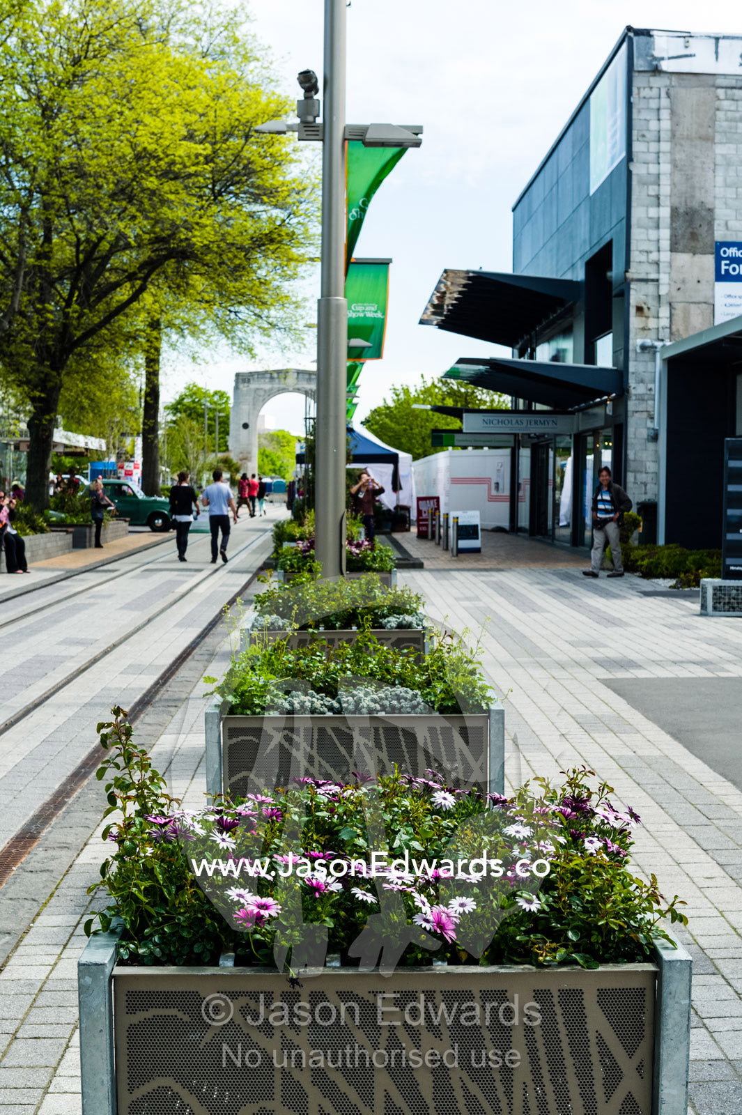 Garden and flower beds in a pedestrian mall in a city. Christchurch, South Island, New Zealand.