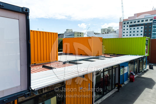 Shopping mall and cafes made from shipping containers after an earthquake destroyed buildings. Christchurch, South Island, New Zealand.