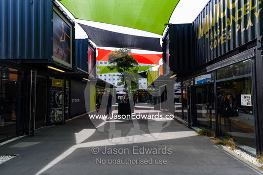 Shopping mall and cafes made from shipping containers after an earthquake destroyed buildings. Christchurch, South Island, New Zealand.