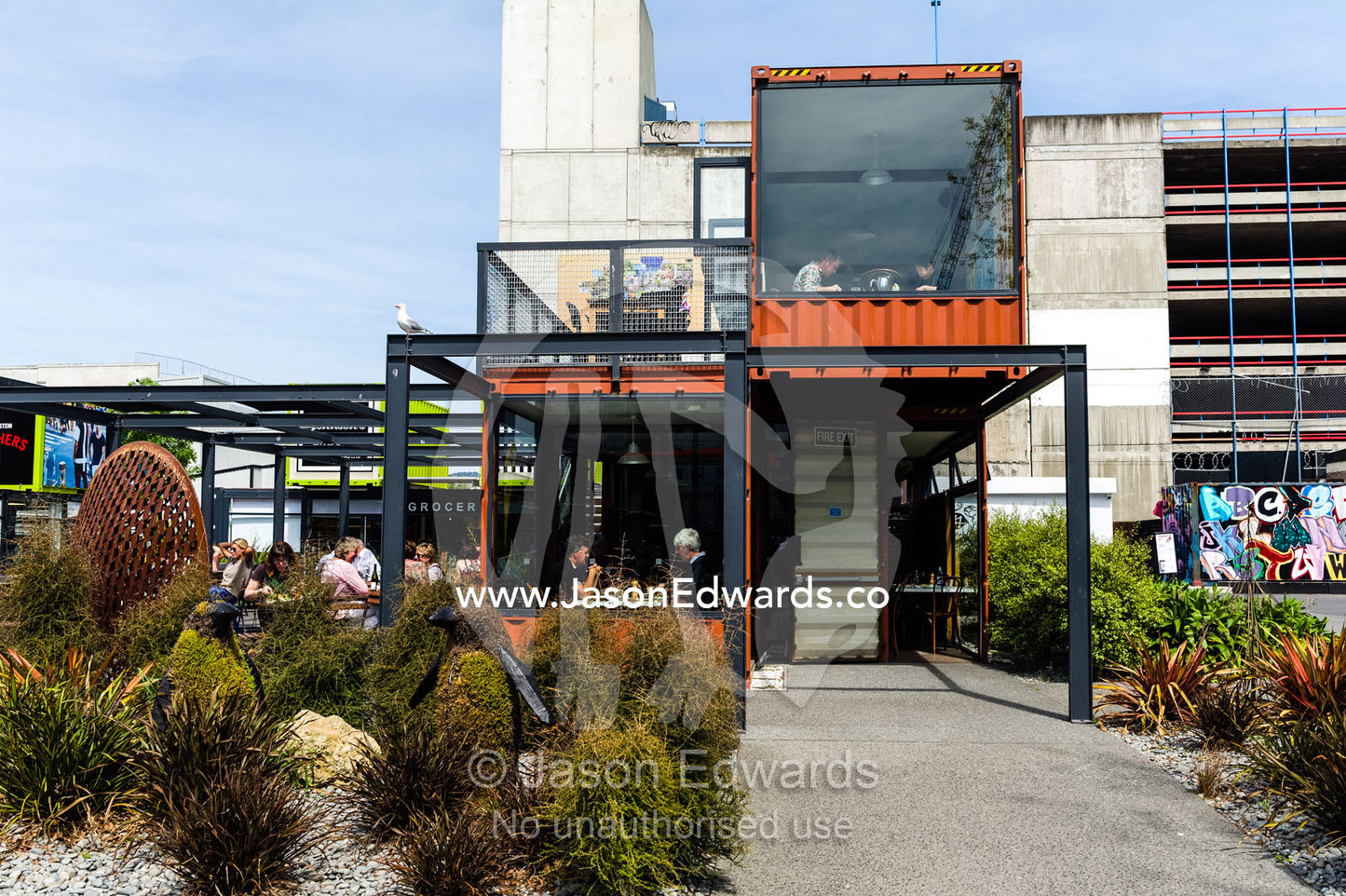 Shopping mall and cafes made from shipping containers after an earthquake destroyed buildings. Christchurch, South Island, New Zealand.