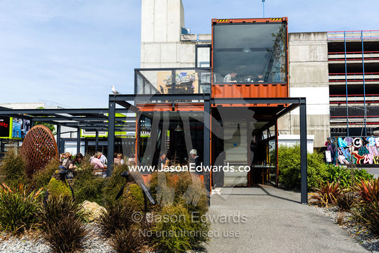 Shopping mall and cafes made from shipping containers after an earthquake destroyed buildings. Christchurch, South Island, New Zealand.