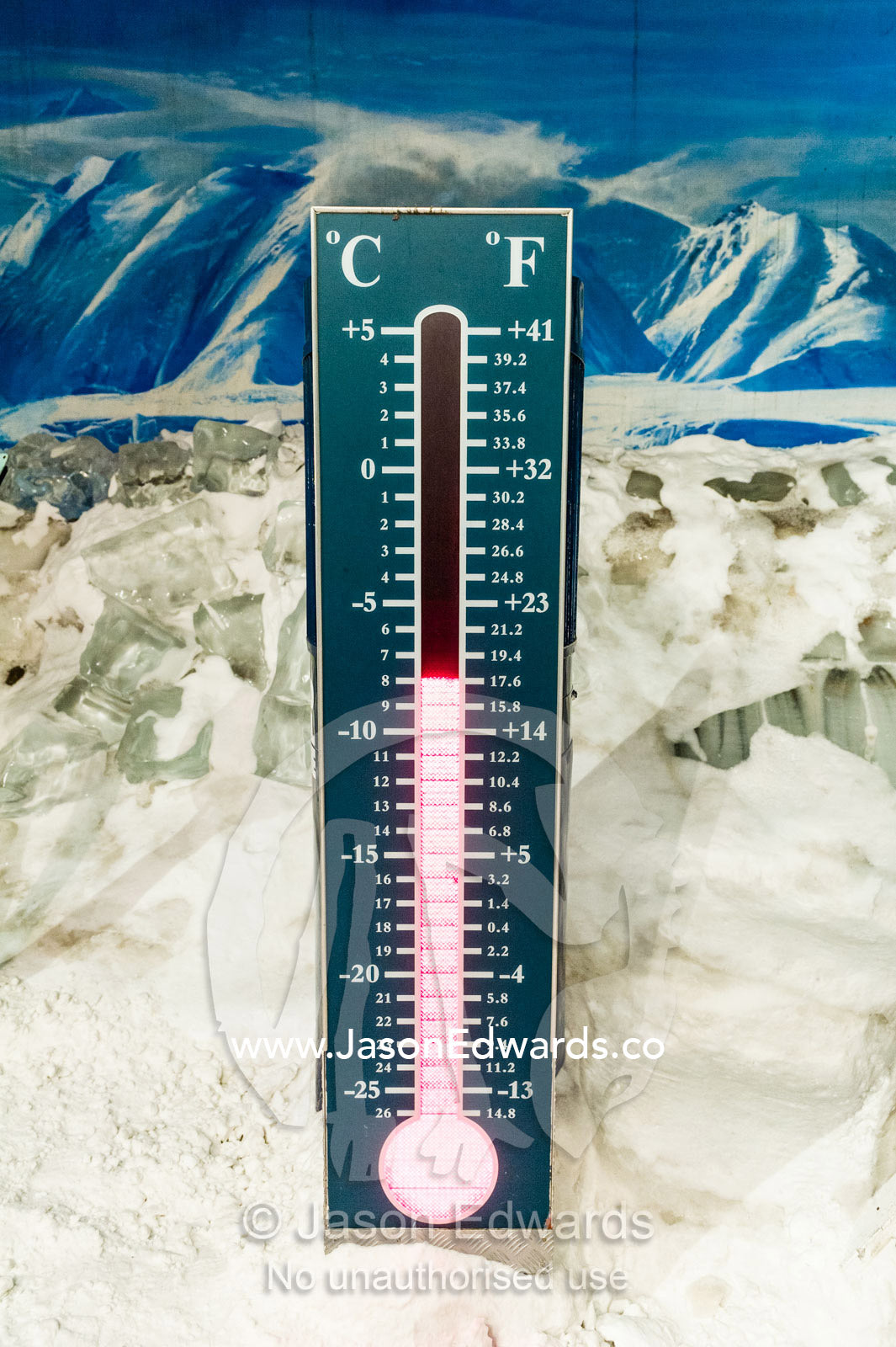 A thermometer in a refrigerated room replicating Antarctic weather for students and tourists. International Antarctic Centre, Harewood, Christchurch, South Island, New Zealand.