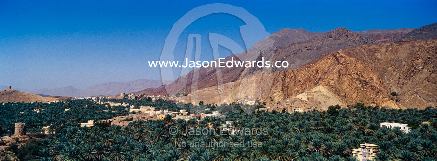 An ancient village surrounded by an irrigated plantation of date palms in a desert valley. Barkat Al Mouz, Sultanate of Oman.