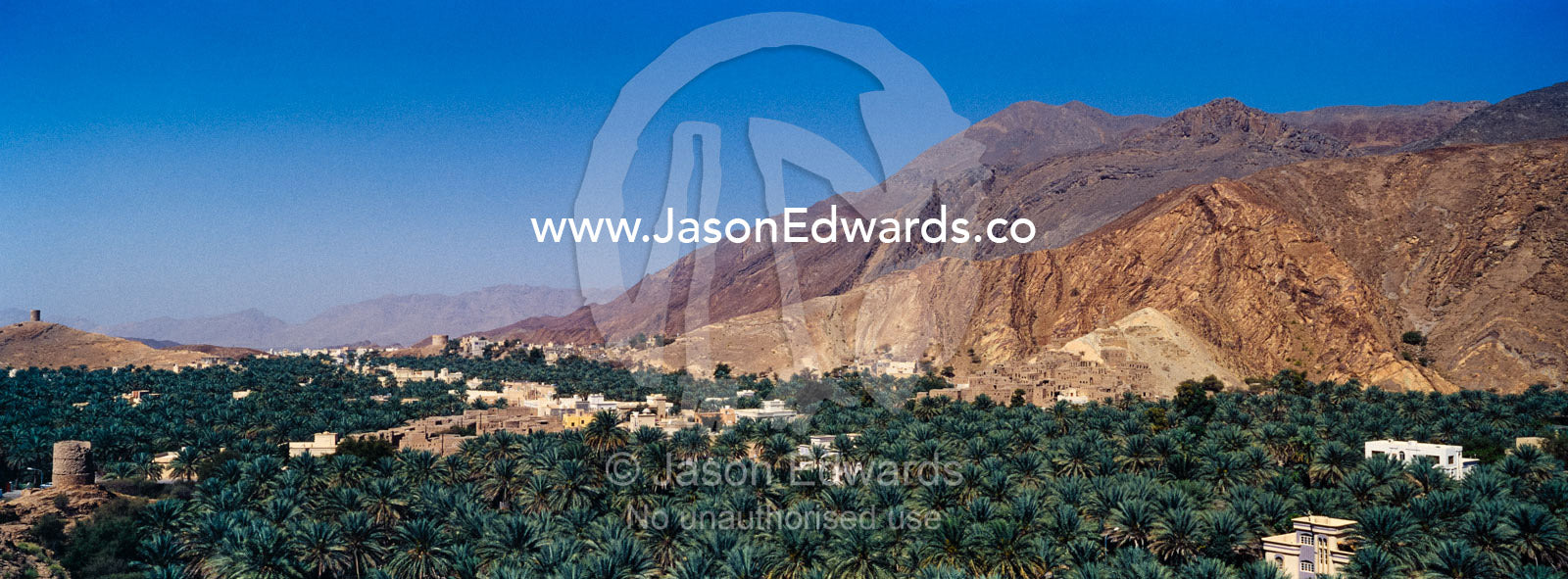 An ancient village surrounded by an irrigated plantation of date palms in a desert valley. Barkat Al Mouz, Sultanate of Oman.