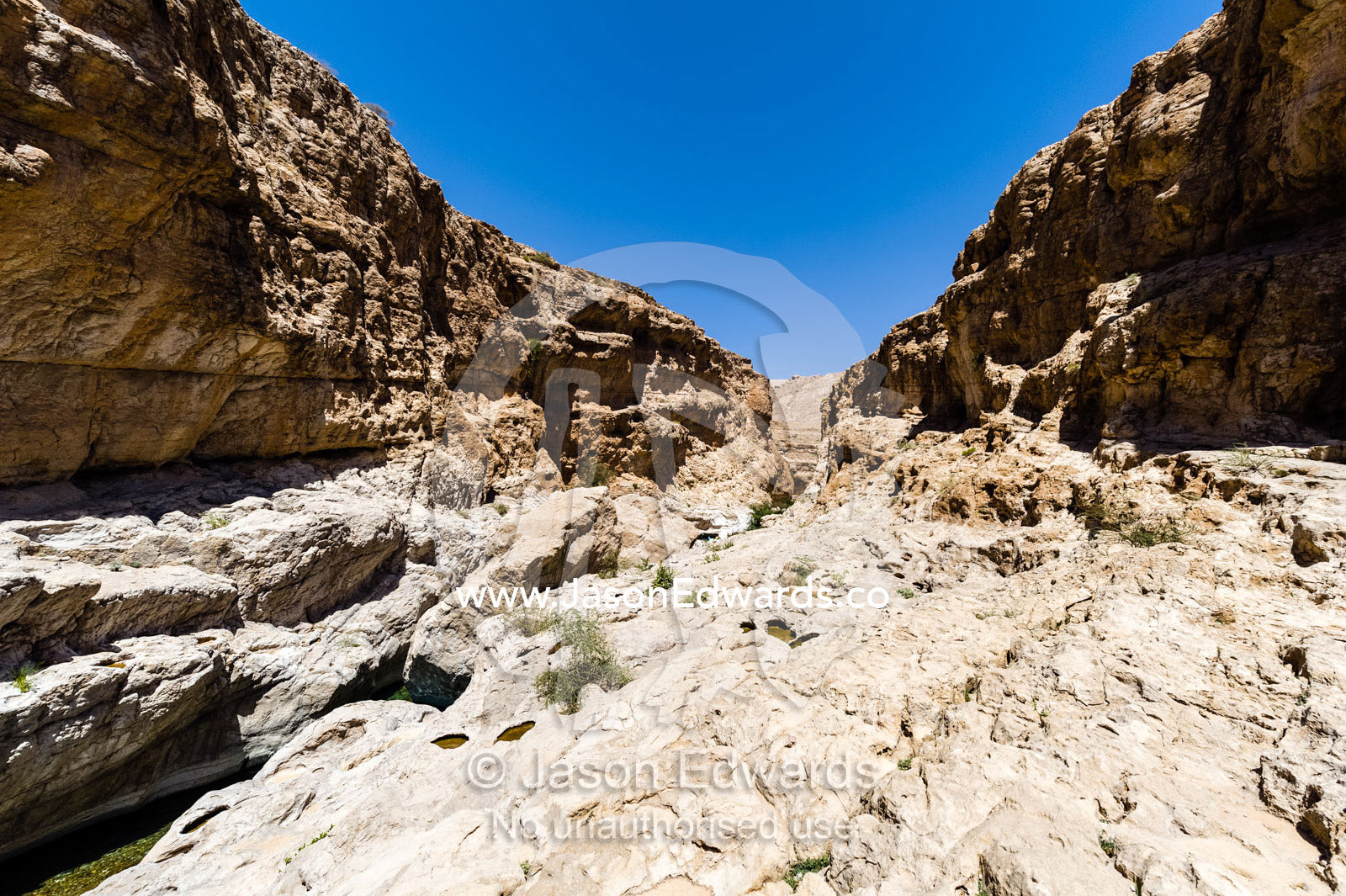 Erosion from wadi water and wind has carved a canyon in the desert. Wadi Bani Khalid, Sharqiyah Region, Sultanate of Oman.