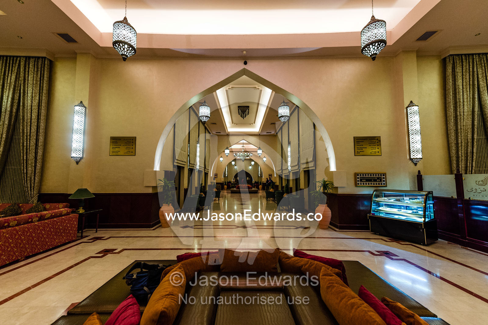 Comfortable lounge and foyer in a modern hotel in Oman. Muscat, Sultanate of Oman.