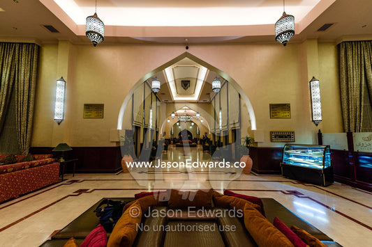 Comfortable lounge and foyer in a modern hotel in Oman. Muscat, Sultanate of Oman.