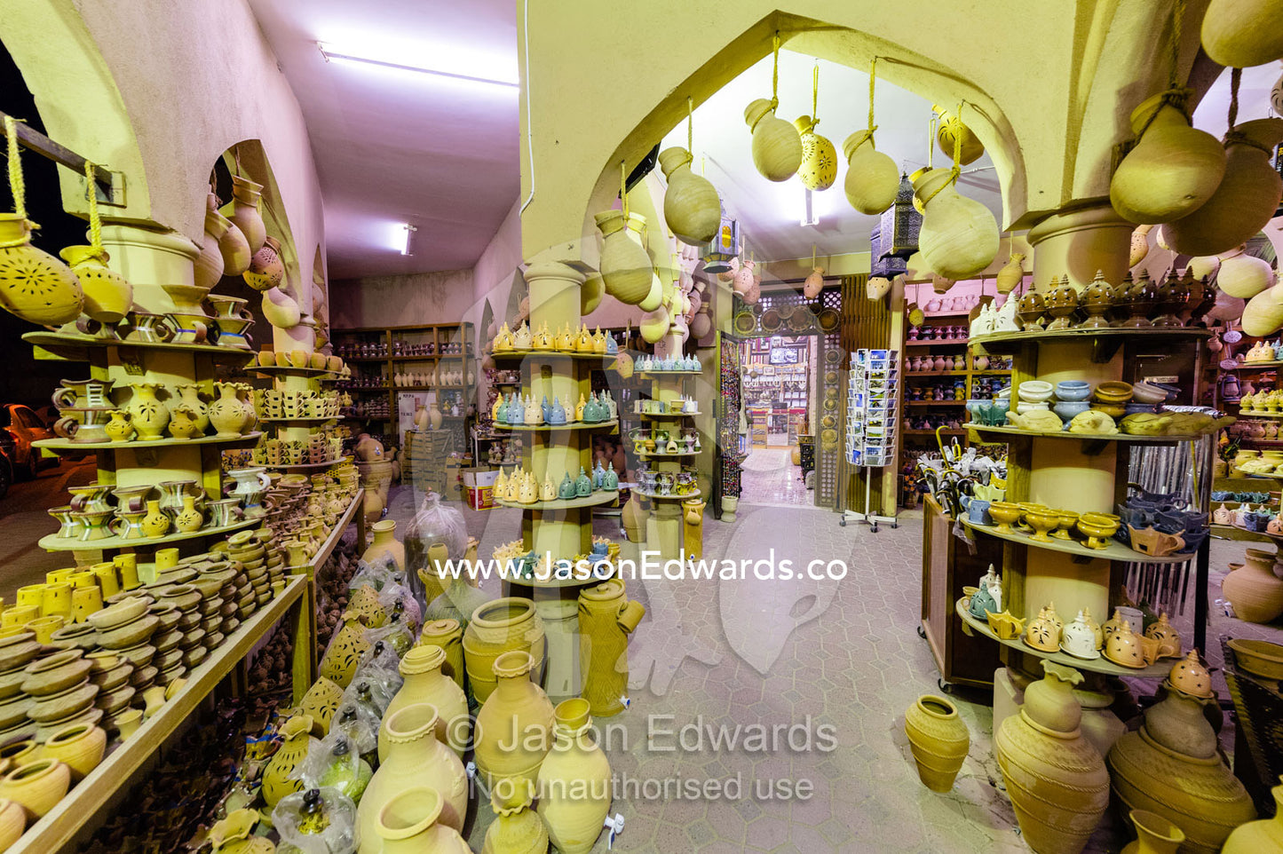 A display of ceramic pots and vases for sale in a souq. Mutrah Souq, Muscat, Sultanate of Oman.
