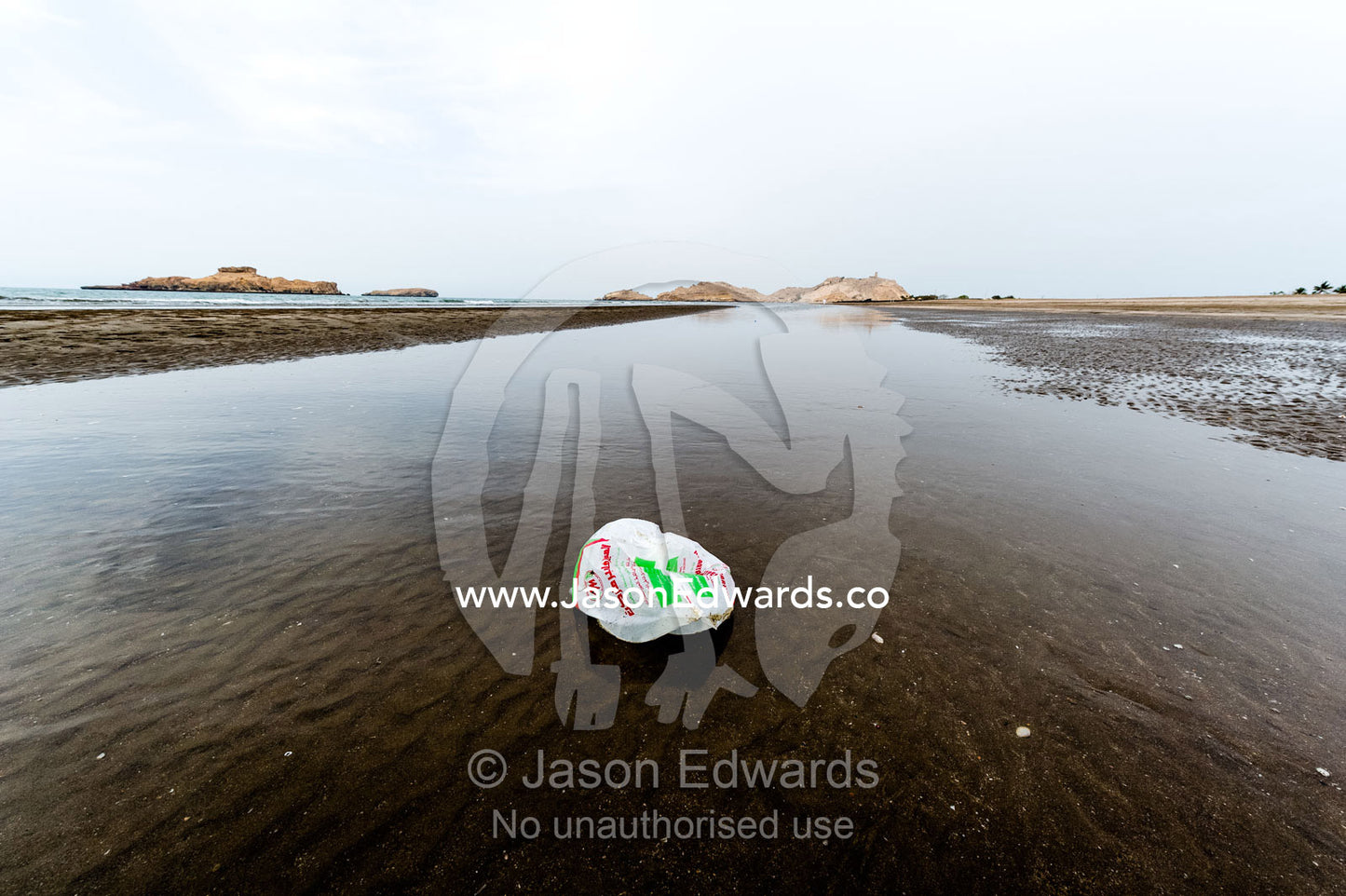 A plastic shopping bag drifting at low tide on an empty beach on the Gulf of Oman. Daymaniyat Islands Nature Reserve, Wilayat AlSeeb, Barka, Sultanate of Oman.