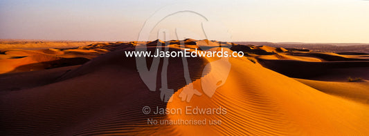 Sunset shines on sand dunes in the desert. Wahiba Sands, Ramlat al-Wahiba, Sharqiya Sands, Sultanate of Oman.