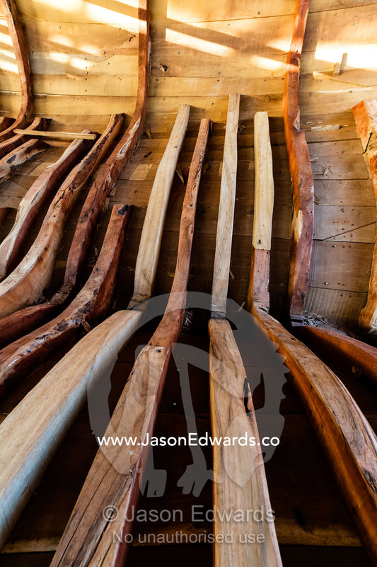 The timber ribs of a wooden dhow hold the planks of the hull in place during construction. Sur, Ash Sharqiyah Region, Gulf of Oman, Sultanate of Oman.