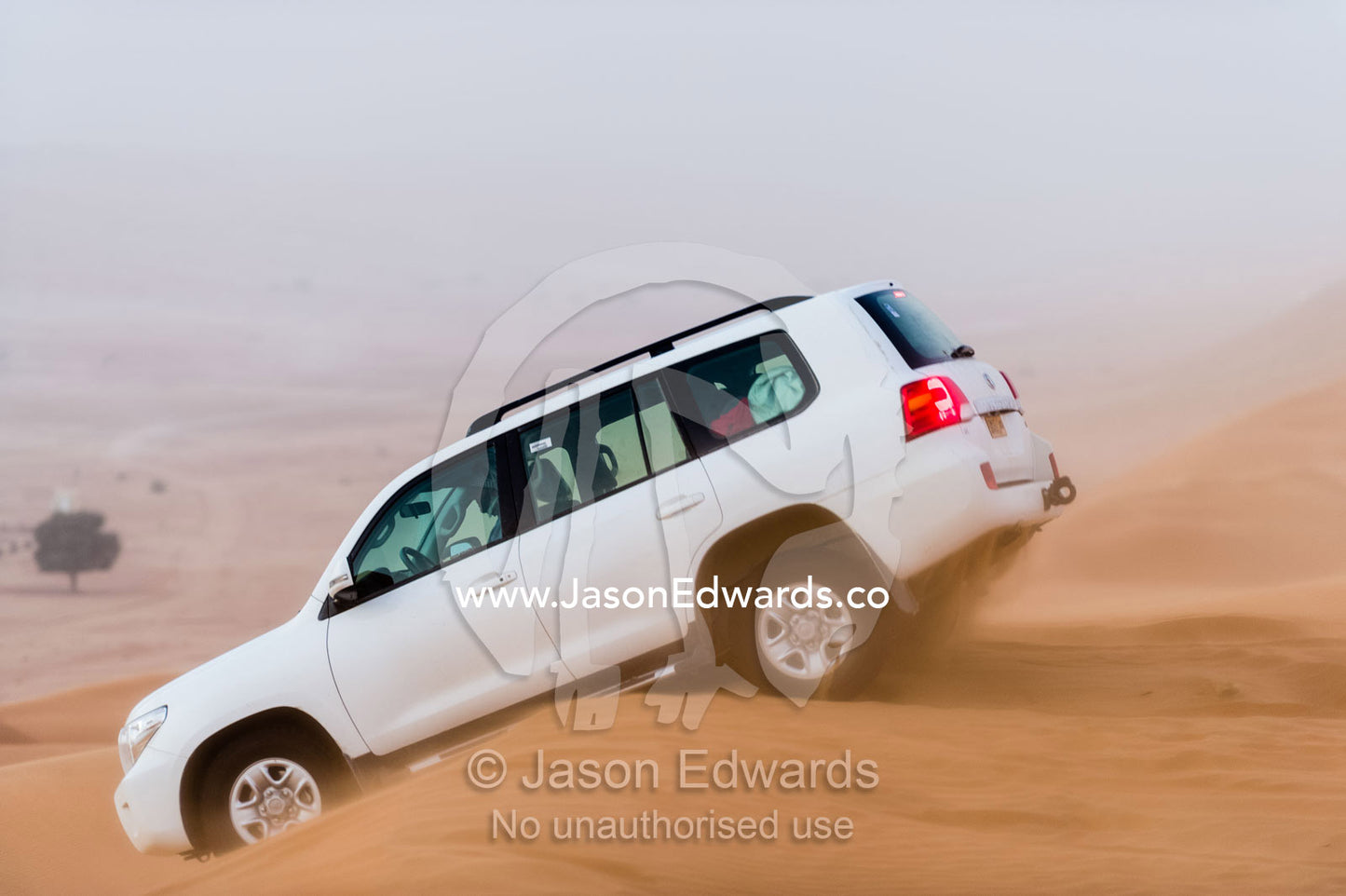 A 4WD descends a dune during a sand storm. Wahiba Sands, Ramlat al-Wahiba, Sharqiya Sands, Sultanate of Oman.