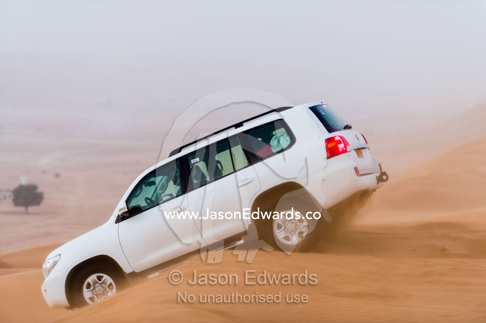 A 4WD descends a dune during a sand storm. Wahiba Sands, Ramlat al-Wahiba, Sharqiya Sands, Sultanate of Oman.