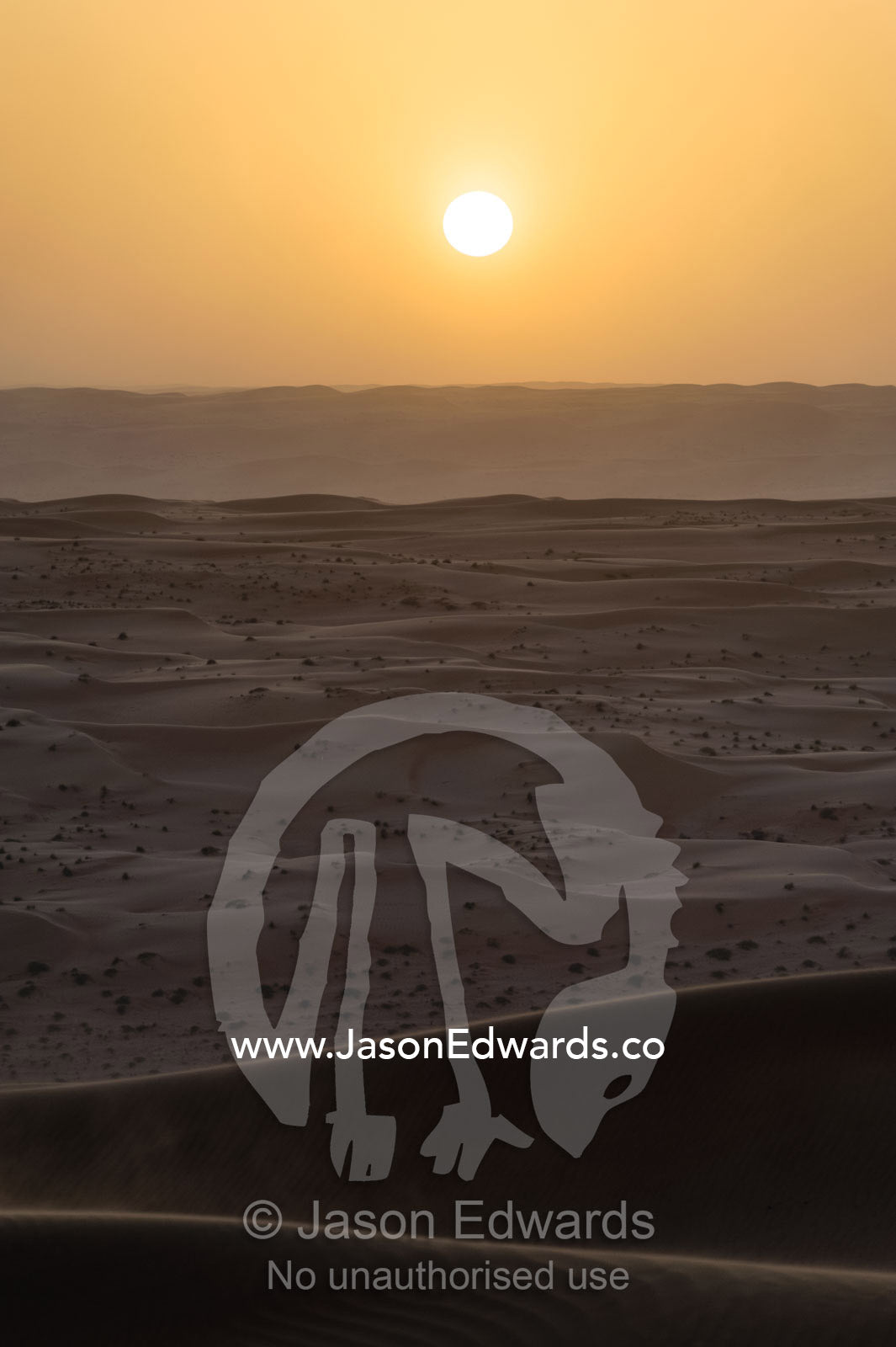 Windblown sand dunes fold across the desert towards the distant horizon at sunset. Wahiba Sands, Ramlat al-Wahiba, Sharqiya Sands, Sultanate of Oman.