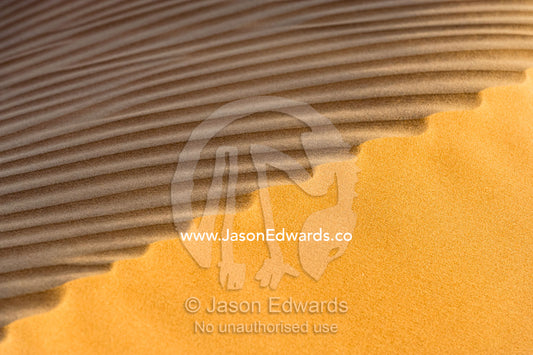 Windblown ripples and sand patterns on the surface of a red sand dune at sunset. Wahiba Sands, Ramlat al-Wahiba, Sharqiya Sands, Sultanate of Oman.