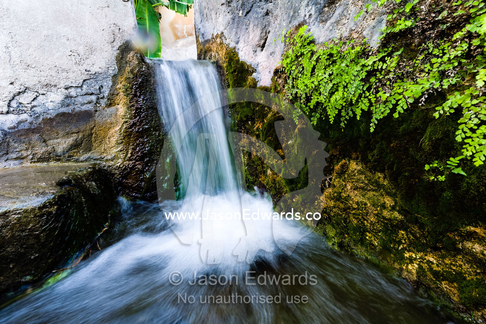 Water from a mountain spring running down a falaj in an ancient village. Misfat Al Abryeen, Al Hajar Mountains, Al Hamra, Ad Dakhiliyah Region, Sultanate of Oman.