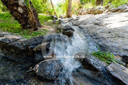 Water from a mountain spring running down a falaj in an ancient village. Misfat Al Abryeen, Al Hajar Mountains, Al Hamra, Ad Dakhiliyah Region, Sultanate of Oman.