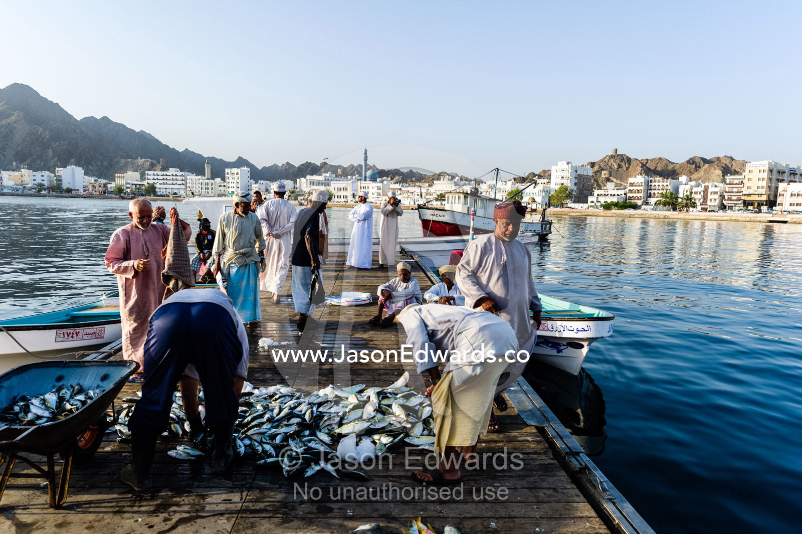 Muslim men sort the mornings catch of fish on a jetty for sale at a local market. Mutrah Fish Market, Muscat, Gulf of Oman, Sultanate of Oman.