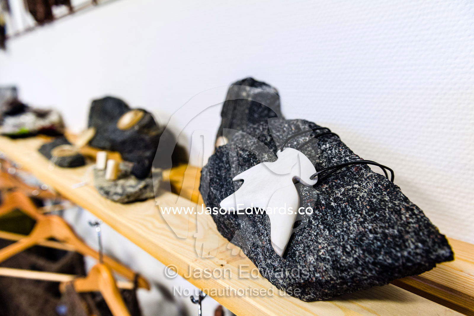 Jewellery made from the bone of a Musk Ox for sale in a village shop. Kangerlussuaq, Qeqqata Municipality, Greenland.