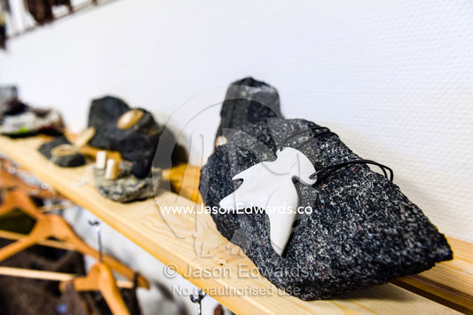 Jewellery made from the bone of a Musk Ox for sale in a village shop. Kangerlussuaq, Qeqqata Municipality, Greenland.