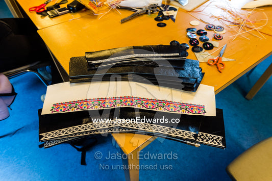 Strips of seal leather waiting to be used for Mukluks or Kamik a soft boot made in this case for a wedding. Kangaamiut, Gammel Sukkertoppen, Qeqqata Municipality, Greenland.