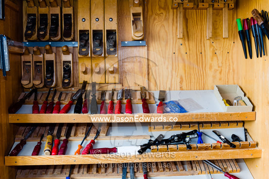 A cabinet with wood working tools in an Arctic village school. Kangaamiut, Gammel Sukkertoppen, Qeqqata Municipality, Greenland.