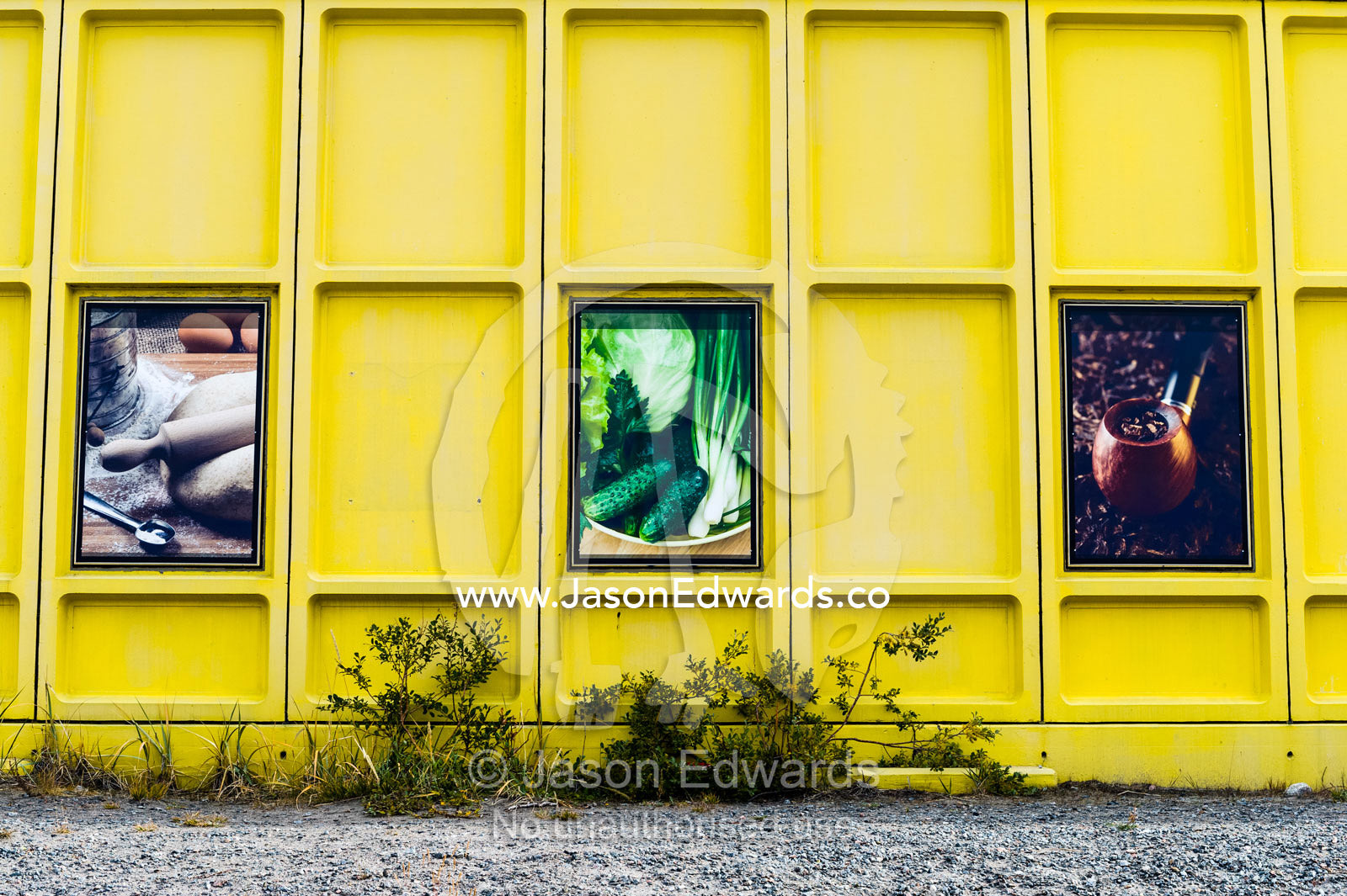 Colourful pictures of fruit and vegetables in the windows of a general store in an arctic village. Kangerlussuaq, Qeqqata Municipality, Greenland.