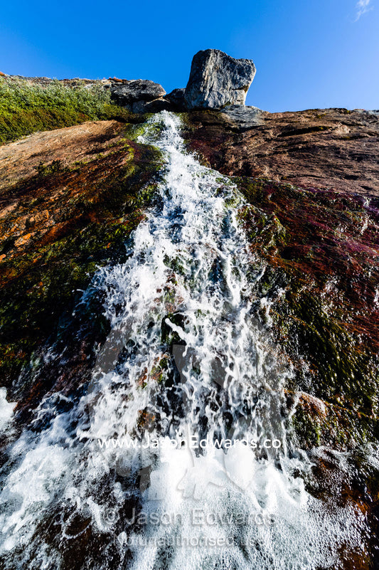 A small waterfall cascades down a rock face on the tundra. Ammalortup Nunaa Highland, Kangerlussuaq, Qeqqata Municipality, Greenland.