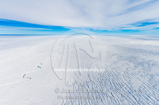 Pressure ridges and crevasse scar the surface of a glacier on the Greenland Ice Sheet. Greenland Ice Sheet, Qeqqata Municipality, Kangerlussuaq, Greenland.