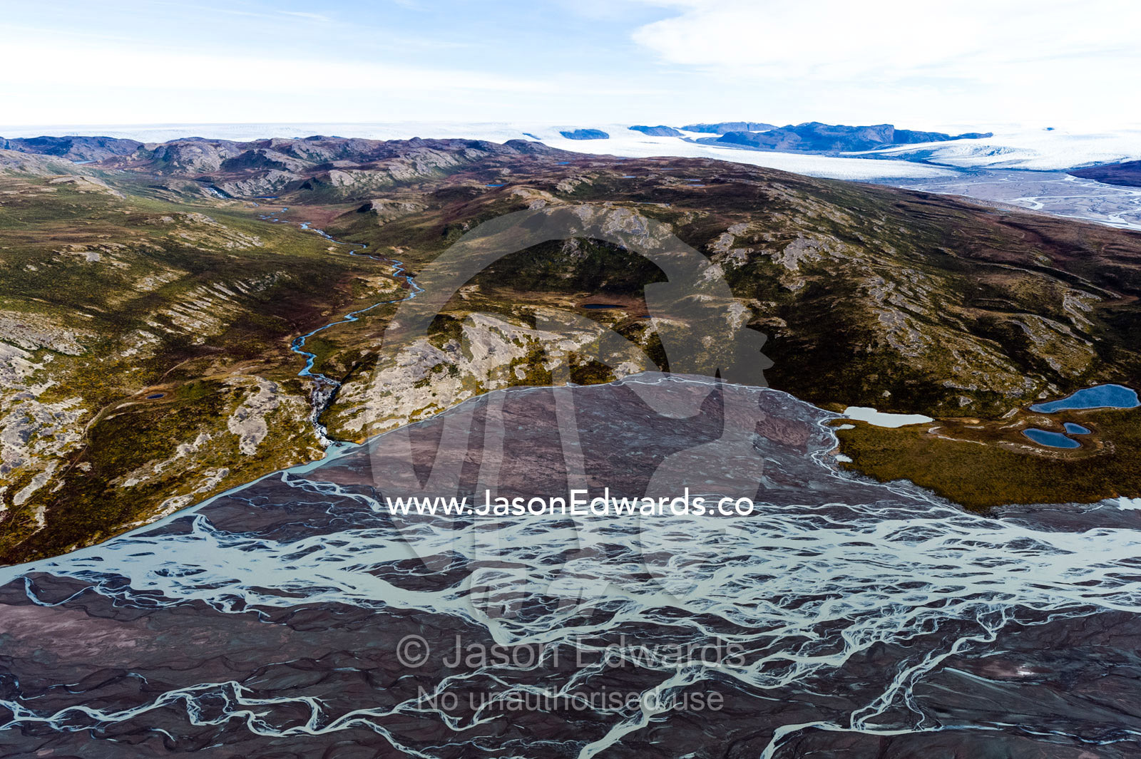 An outwash plain created by a river flowing with meltwater and sediment from a glacier. Qinnguata Kuussua River, Russell Glacier, Greenland Ice Sheet, Qeqqata Municipality, Kangerlussuaq, Greenland.