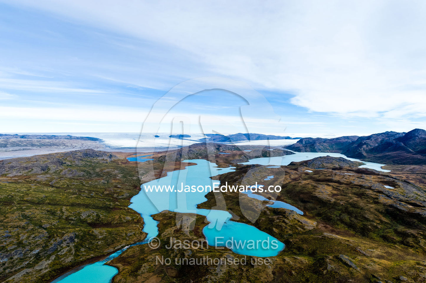 Turquoise glacial lakes on a highland tundra plateau. Tarajornitsut Highlands, Qeqqata Municipality, Kangerlussuaq, Greenland.