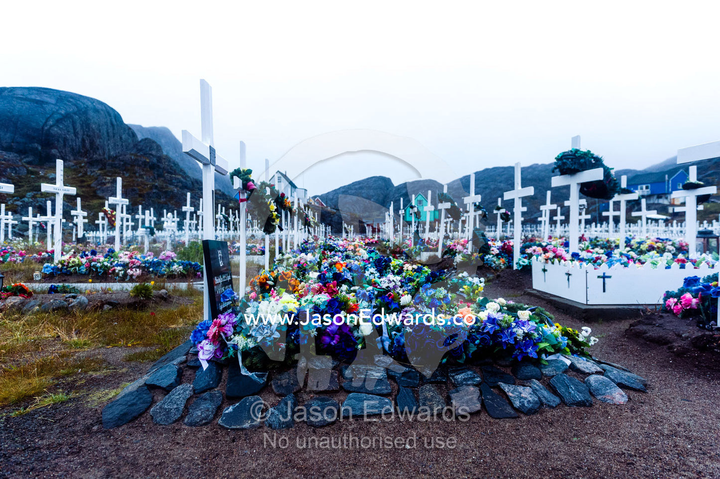 Colorful flowers on graves in a fishing village cemetery. Maniitsoq, Sukkertoppen, Qeqqata Municipality, Greenland.