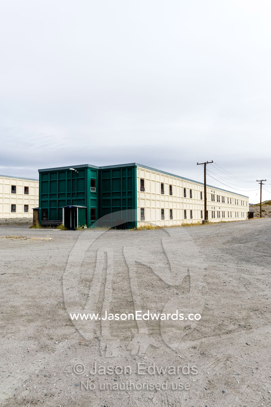 Prefabricated steel buildings in an arctic village designed to survive winter storms. Kangerlussuaq, Qeqqata Municipality, Greenland.