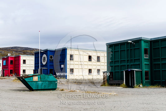 Prefabricated steel buildings in an arctic village designed to survive winter storms. Kangerlussuaq, Qeqqata Municipality, Greenland.