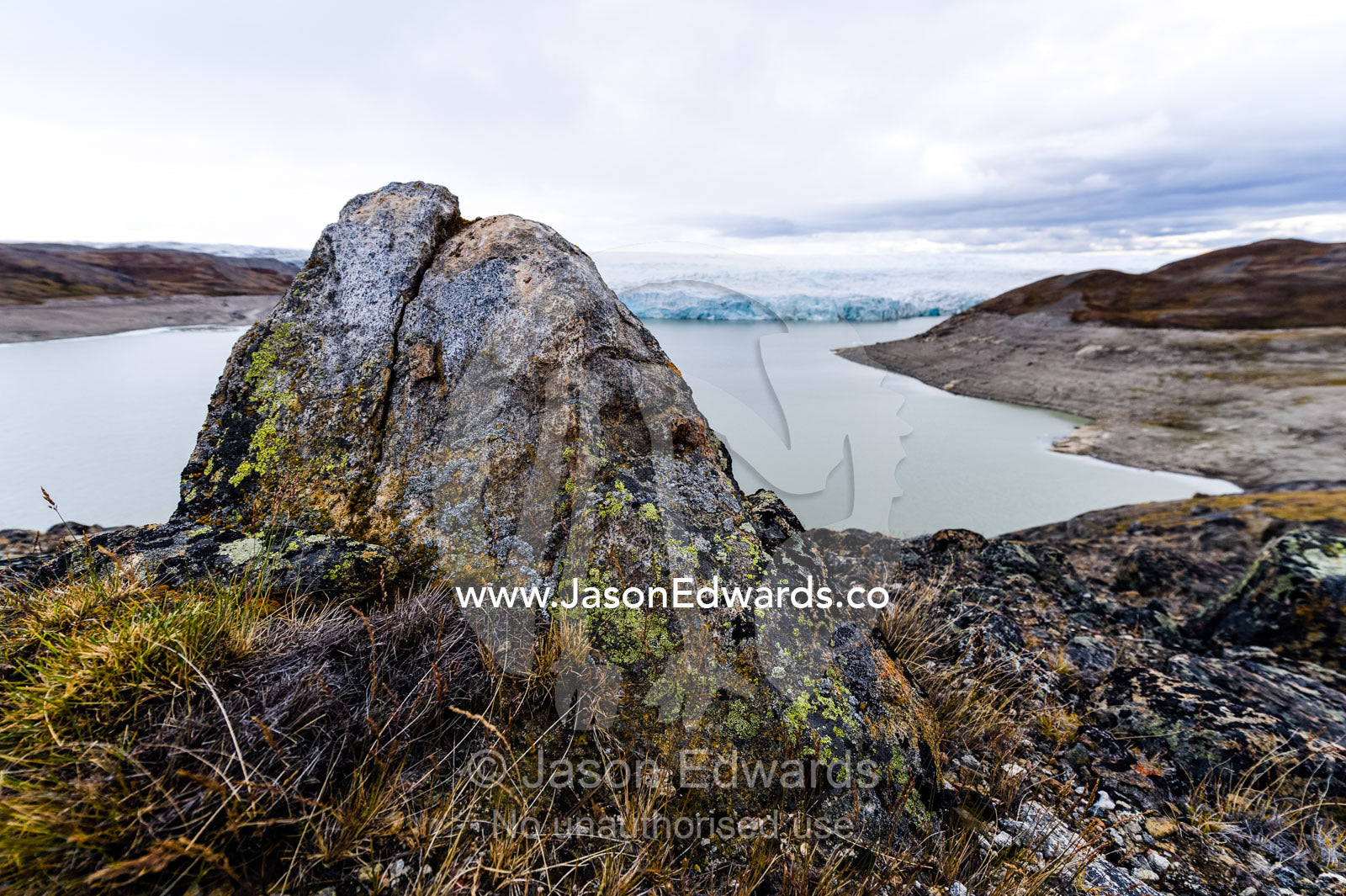 A lichen encrusted boulder on a lake shore carved by a glacier. Isunngua Highland, Greenland Ice Sheet, Kangerlussuaq, Qeqqata Municipality, Greenland.