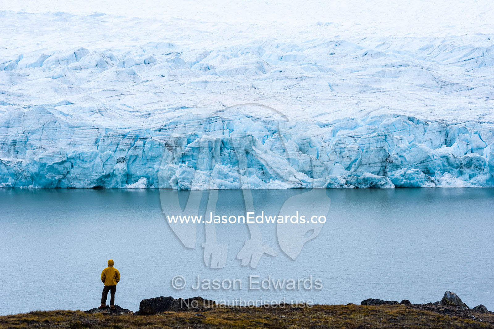 A hiker dwarfed by the fracture zone of a glacier on the Greenland Ice Sheet. Isunngua Highland, Greenland Ice Sheet, Kangerlussuaq, Qeqqata Municipality, Greenland.