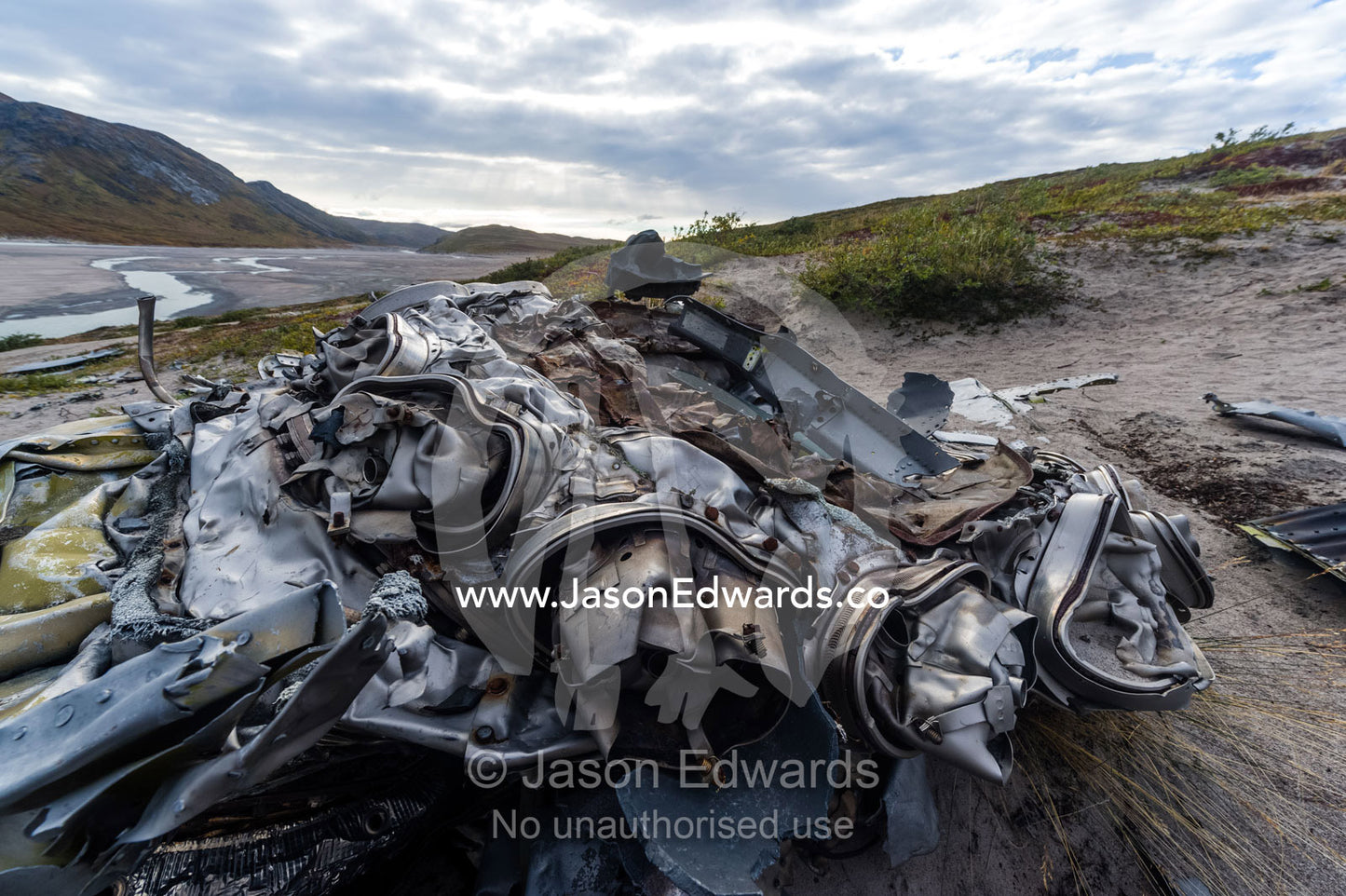 The wreckage of a plane crash on the tundra. Russell Glacier, Qeqqata Municipality, Kangerlussuaq, Greenland.