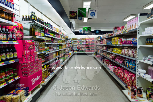 Supermarket shelves stocked with goods for the winter in an arctic village. Kangerlussuaq, Qeqqata Municipality, Greenland.