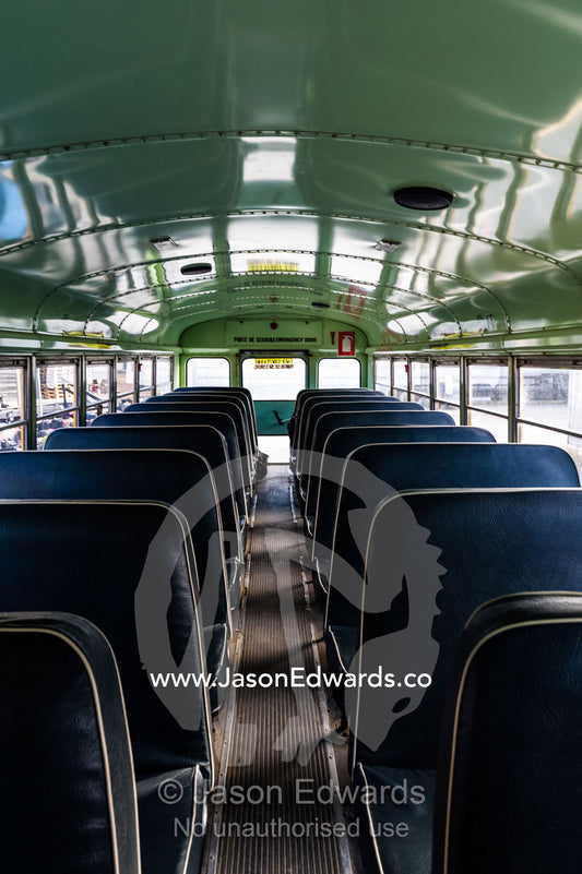 Empty seats on a bus waiting to collect airport passengers. Kangerlussuaq, Qeqqata Municipality, Greenland.