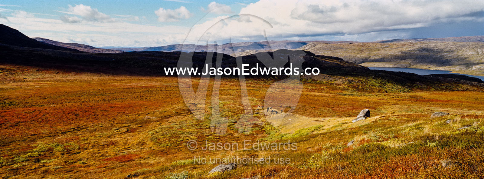 Shadows fall across low hills on a vast tundra plain in Autumn. Ammalortup Nunaa Highland, Kangerlussuaq, Qeqqata Municipality, Greenland.